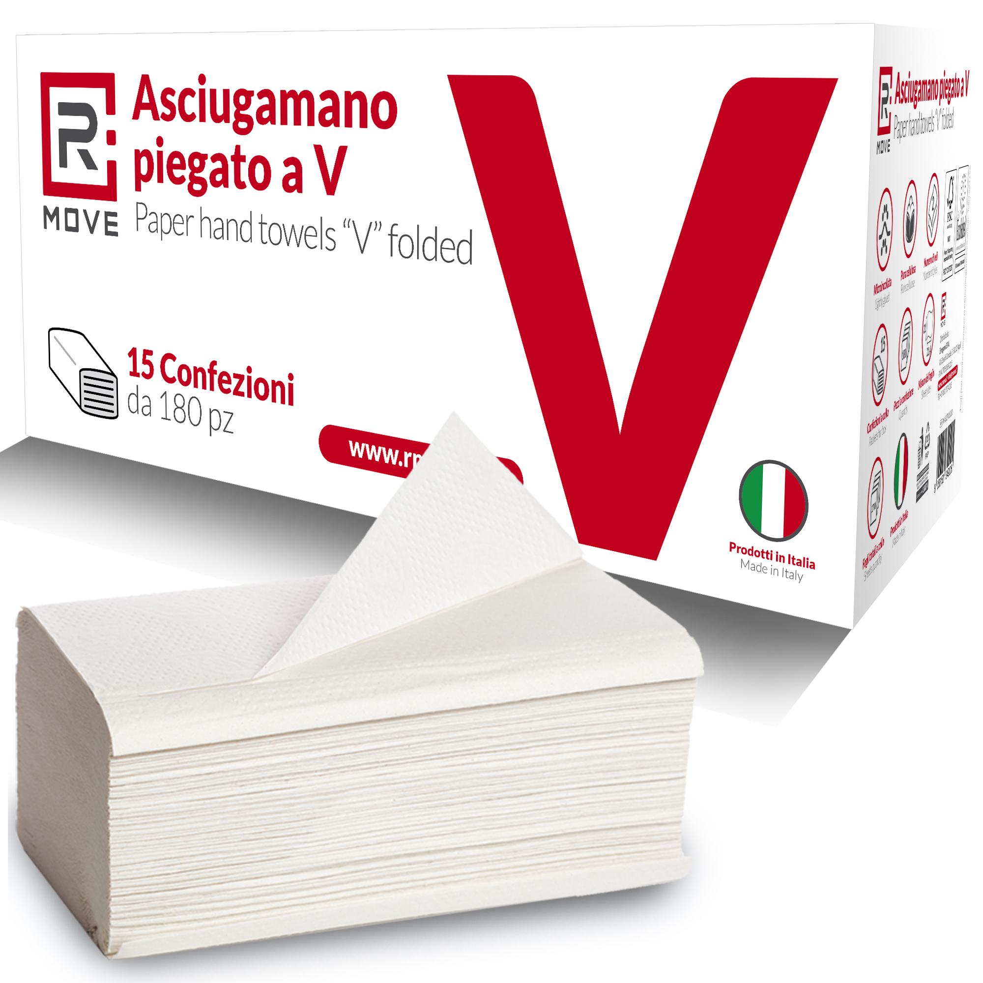 Asciugamani di carta piegati a V per dispenser – pura cellulosa 2 veli - 2700 pezzi - RMove