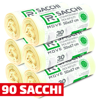 Sacchi Rifiuti biodegradabili compostabili RMove - 50x67 cm - 30 litri - 90 pz - 6 rotoli da 15 sacchi