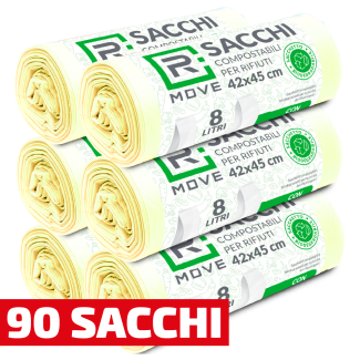 Sacchi Rifiuti biodegradabili compostabili RMove - 42x45 cm - 8 litri - 6 rotoli da 15 sacchi