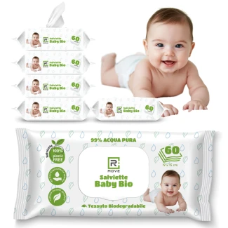Salviette Baby Bio Umidificate RMOVE – 99% Acqua Pura – 6 confezioni da 60 pz
