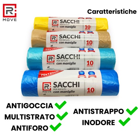Sacchi Rifiuti con maniglie RMove - 70x120cm - vari colori - 4 rotoli da 10 pz