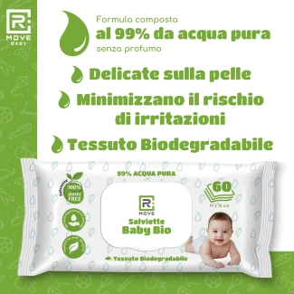 Salviette Baby Bio Umidificate RMOVE – 99% Acqua Pura – 6 confezioni da 60 pz