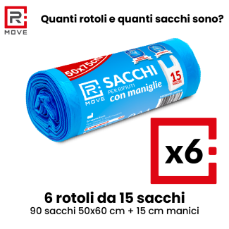 Sacchi Rifiuti con maniglie RMove - 50x75cm - Blu - 90 pz - 6 rotoli da 15 sacchi