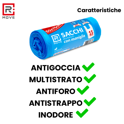 Sacchi Rifiuti con maniglie RMove - 50x75cm - Blu - 6 rotoli da 15 pz