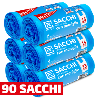 Sacchi Rifiuti con maniglie RMove - 50x75cm - Blu - 90 pz - 6 rotoli da 15 sacchi