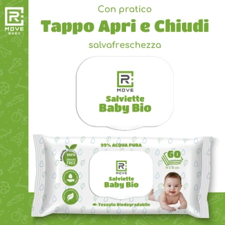 Salviette Baby Bio Umidificate RMOVE – 99% Acqua Pura – 6 confezioni da 60 pz