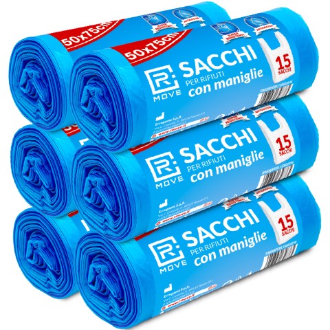 Sacchi Rifiuti con maniglie RMove - 50x75cm - Blu - 6 rotoli da 15 pz