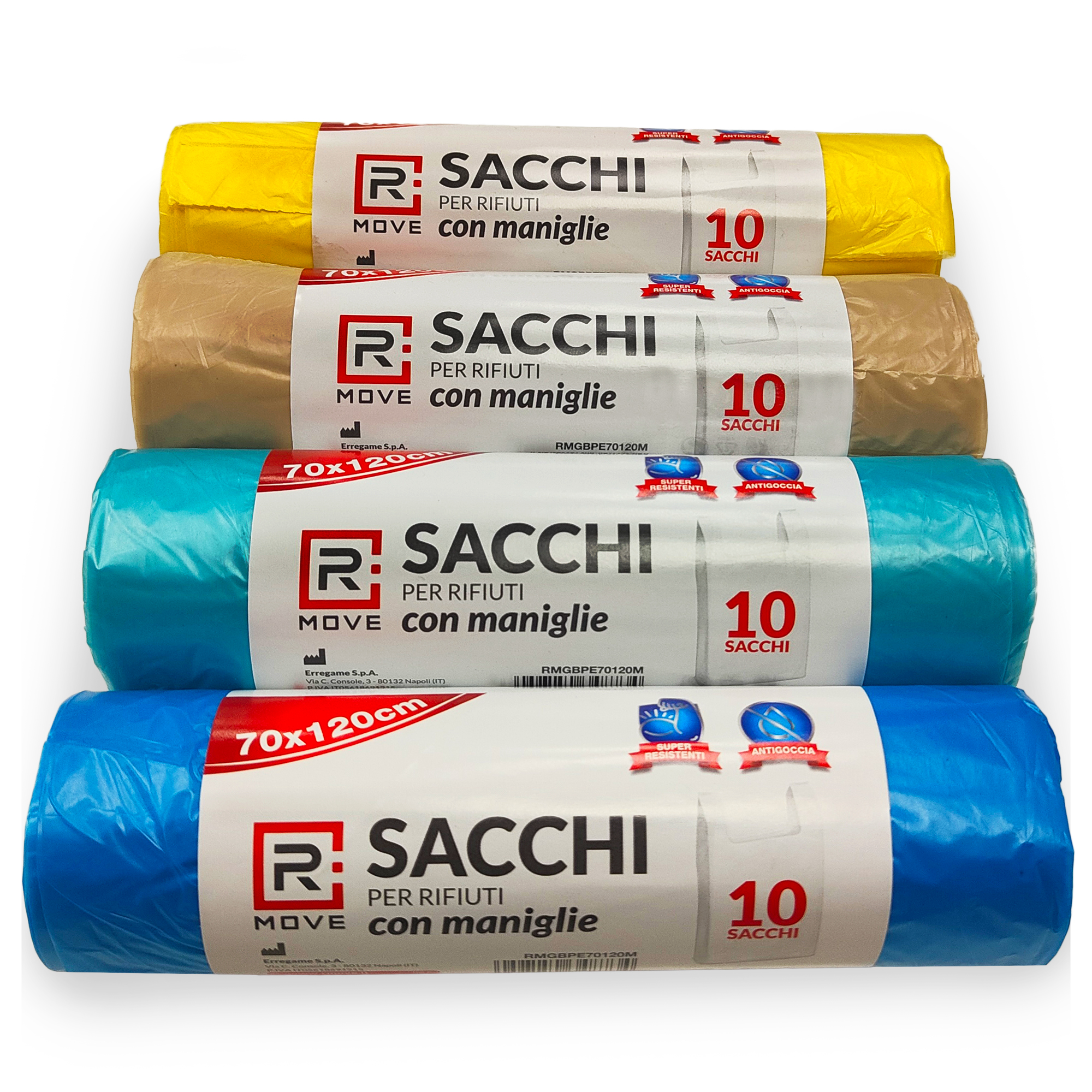 Sacchi Rifiuti con maniglie RMove - 70x120cm - vari colori - 4 rotoli da 10 pz