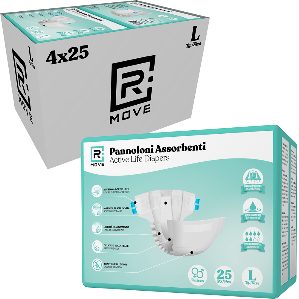 Pannoloni Assorbenti RMove - L - 100 pz - Active Life Diapers - 4 confezioni da 25 pannoloni