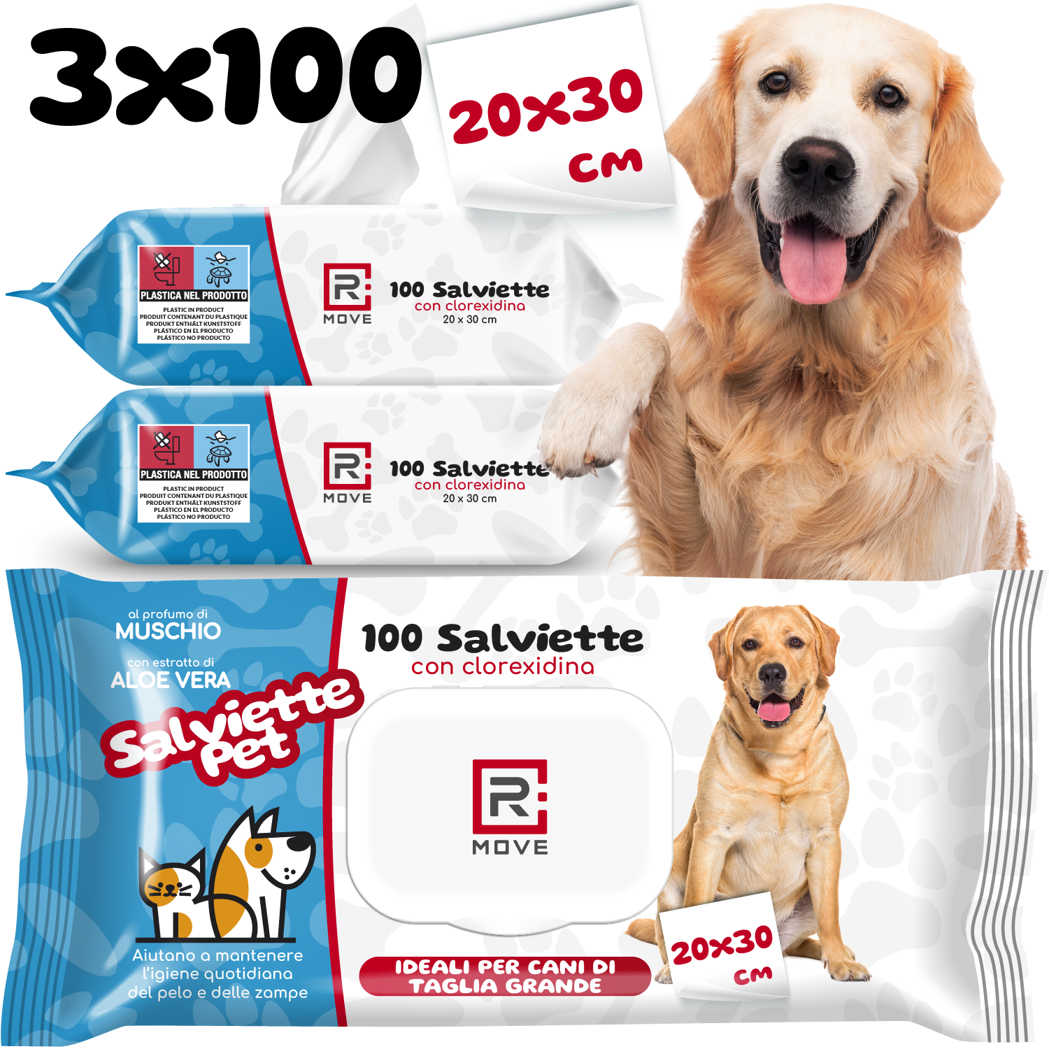 Salviette Igienizzanti alla Clorexidina per Cani e Gatti Rmove - 20x30 cm - 3 confezioni da 100 pz