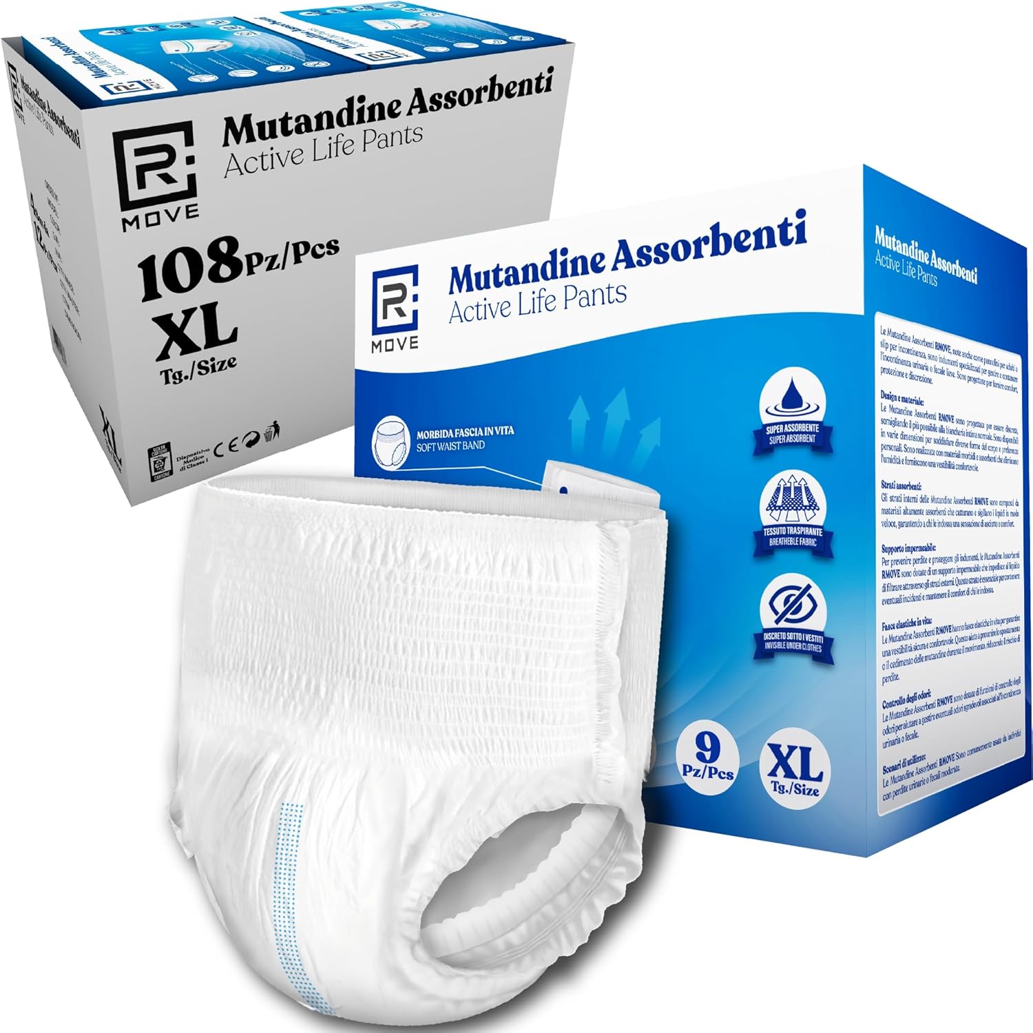 Mutandine Assorbenti RMove - XL - 108 pz - Active Life Pants - 12 confezioni da 9 mutandine