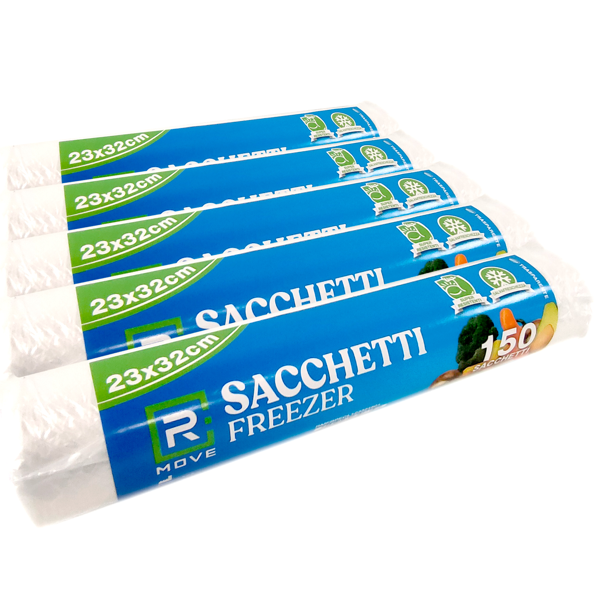 Sacchetti Freezer RMove - 23x32cm - Trasparenti - 5 rotoli da 150 sacchetti