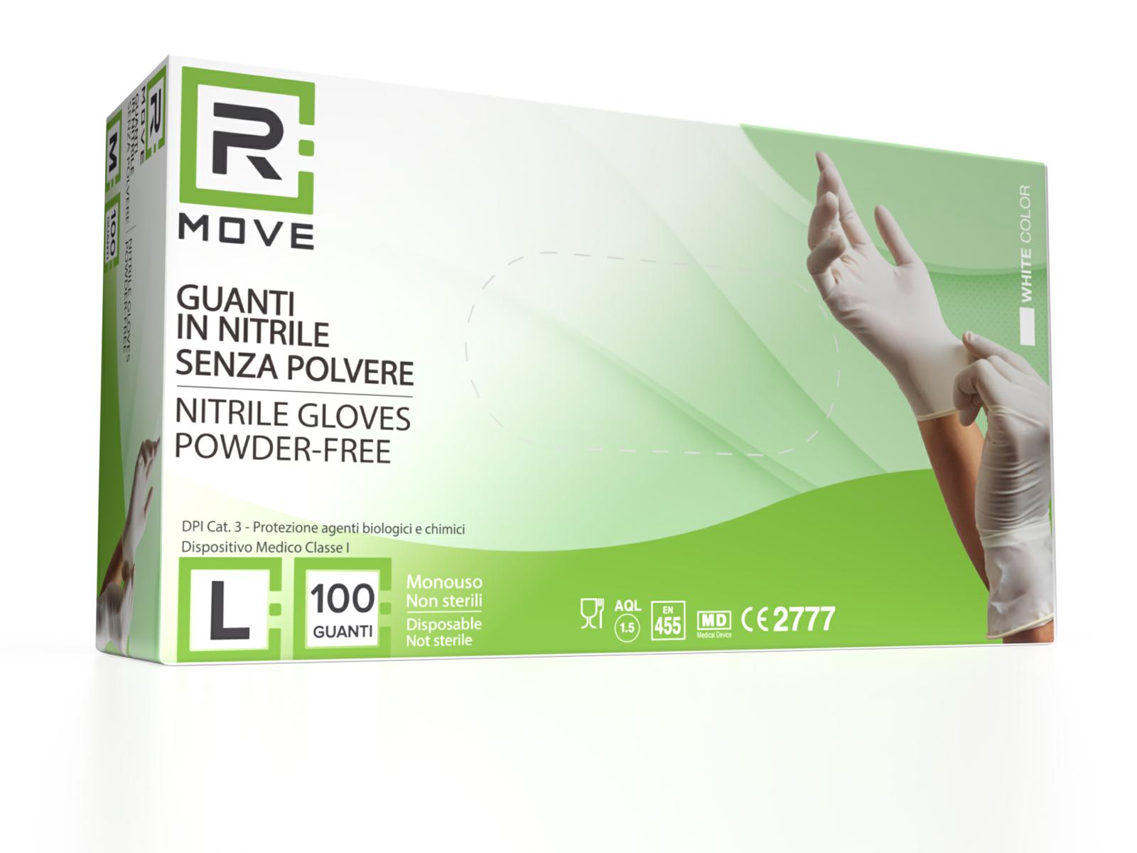 Guanti Nitrile Bianco - L - 100 pz - Monouso - Senza polvere - RMove
