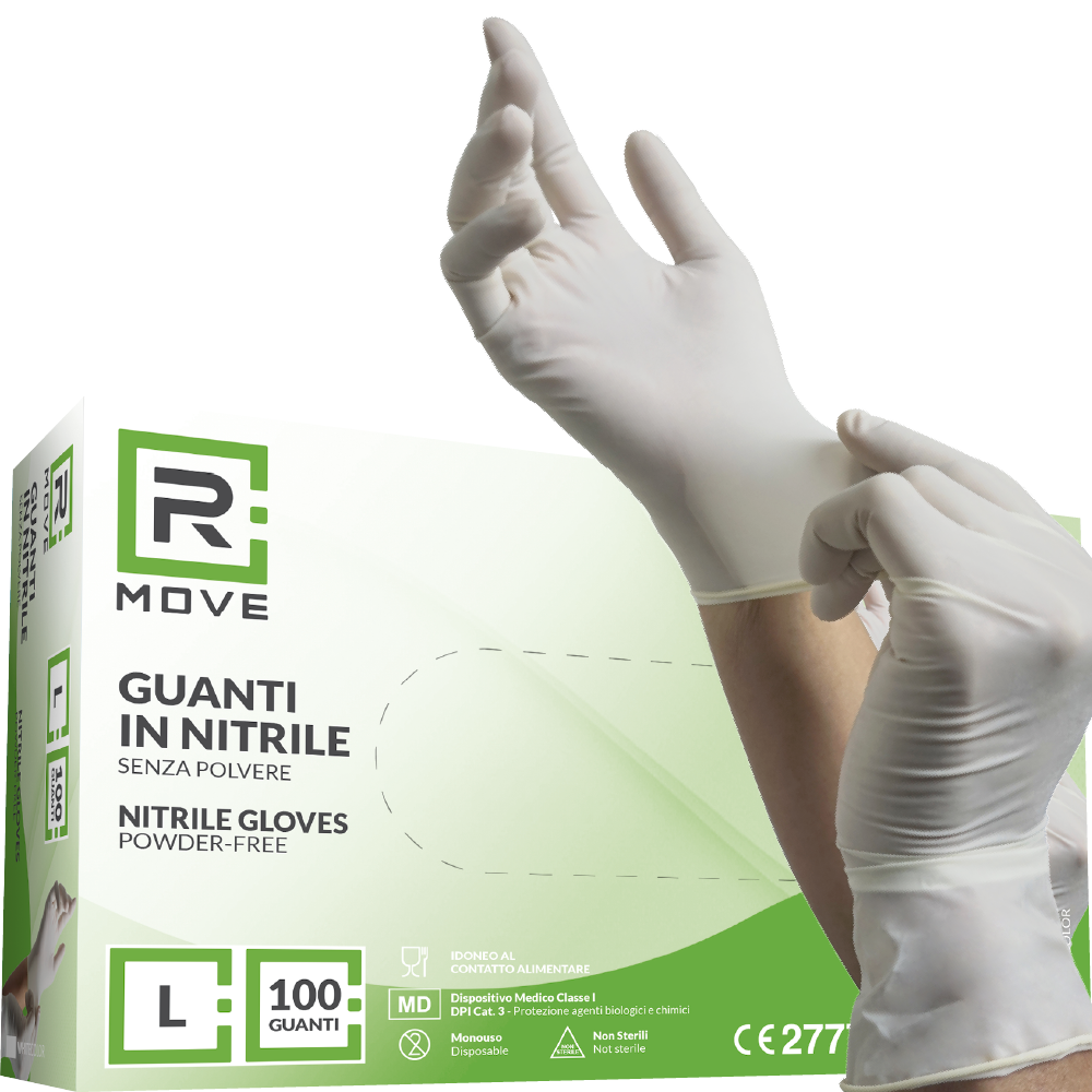 Guanti Nitrile Bianco - L - 100 pz - Monouso - Senza polvere - RMove