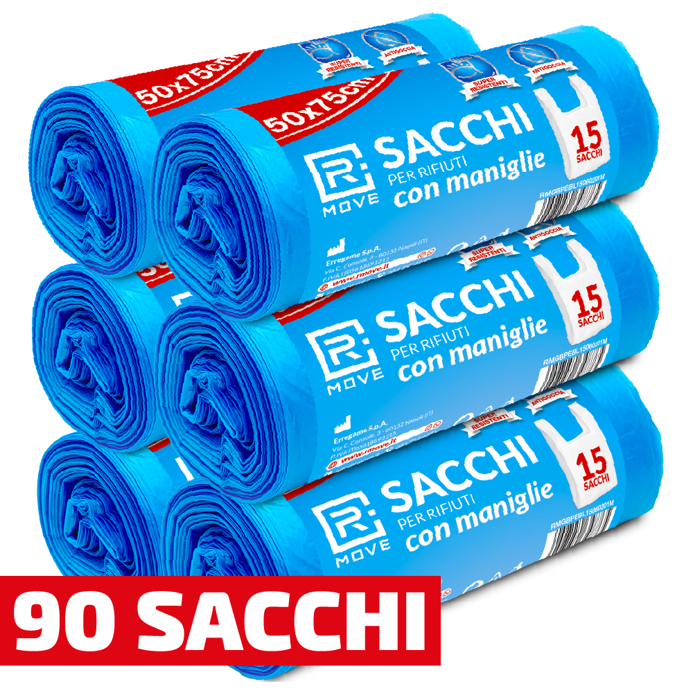 Sacchi Rifiuti con maniglie RMove - 50x75cm - Blu - 90 pz - 6 rotoli da 15 sacchi