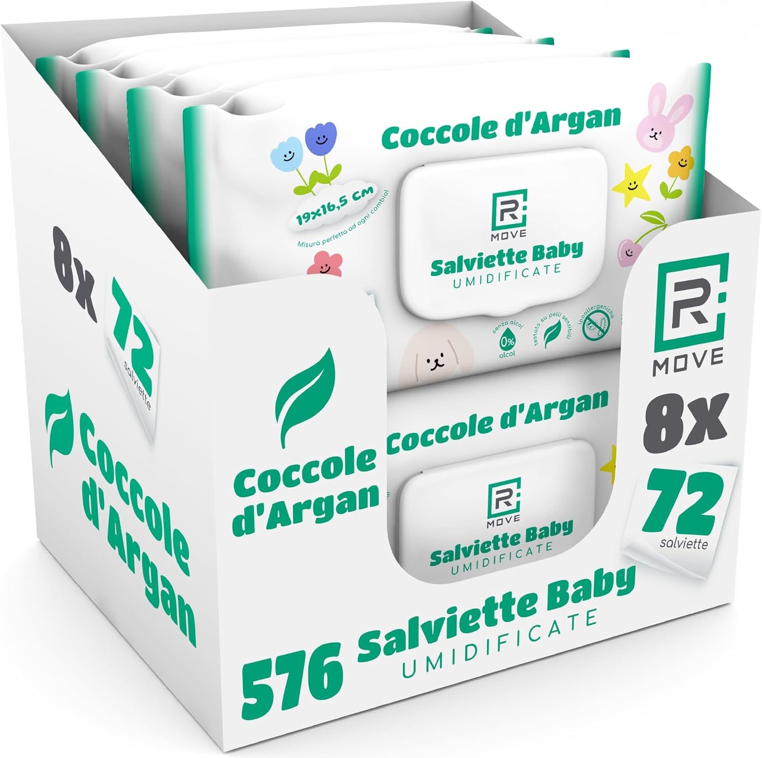 Salviettine Baby Umidificate Idratanti RMove - Argan - 8 confezioni da 72pz