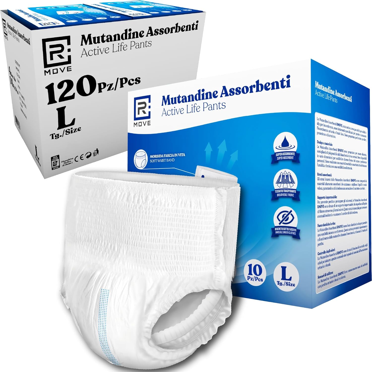 Mutandine Assorbenti RMove - L - 120 pz - Active Life Pants - 12 confezioni da 10 mutandine