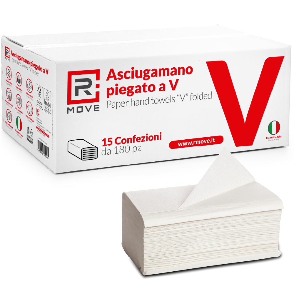 Asciugamani di carta piegati a V per dispenser – pura cellulosa 2 veli - 2700 pezzi - RMove