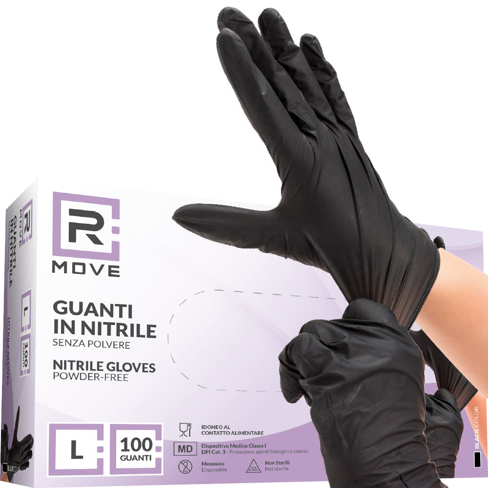 Guanti Nitrile Nero - L - 100 pz - Monouso - Senza polvere - RMove