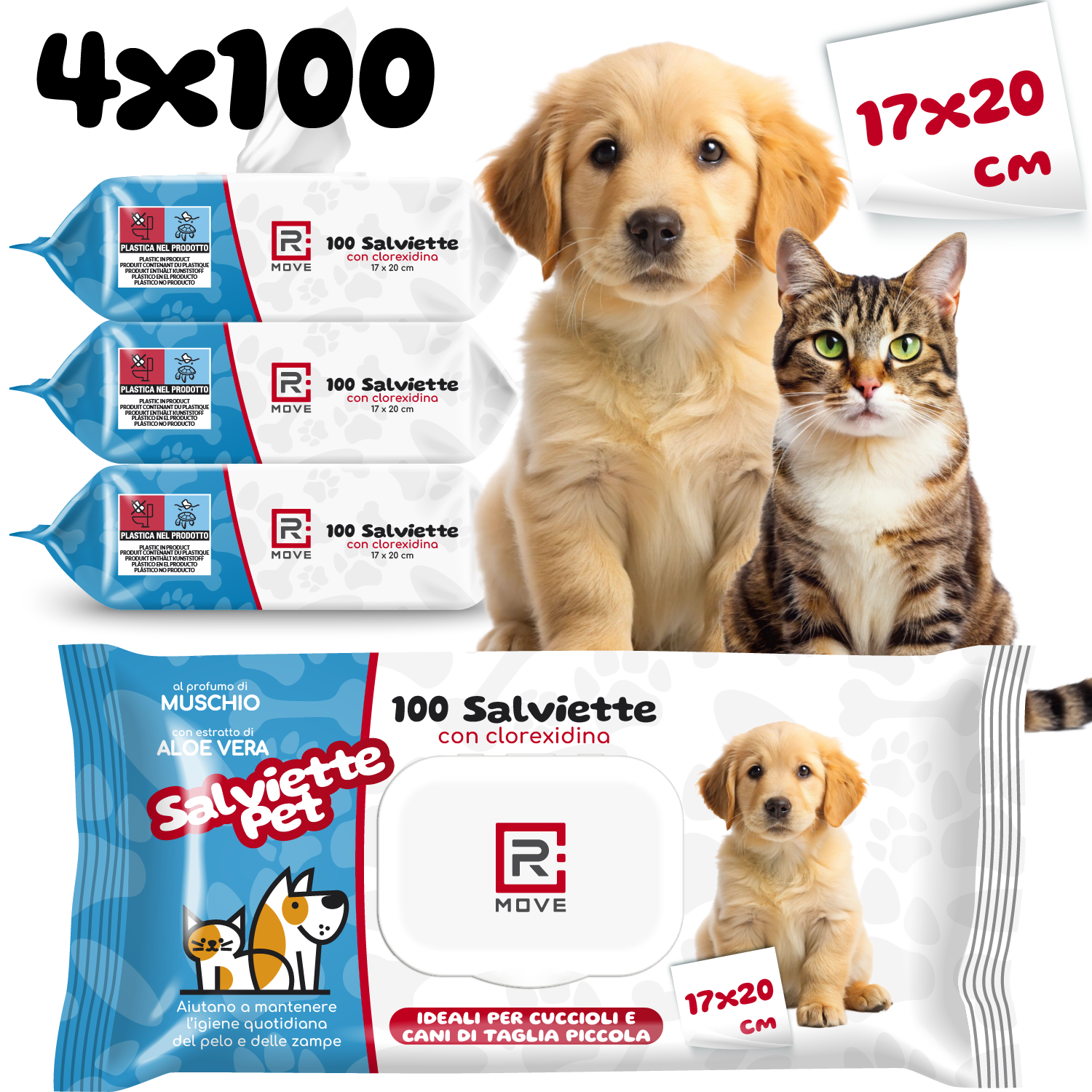 Salviette Igienizzanti alla Clorexidina per Cani e Gatti Rmove - 17x20 cm - 4 confezioni da 100 pz