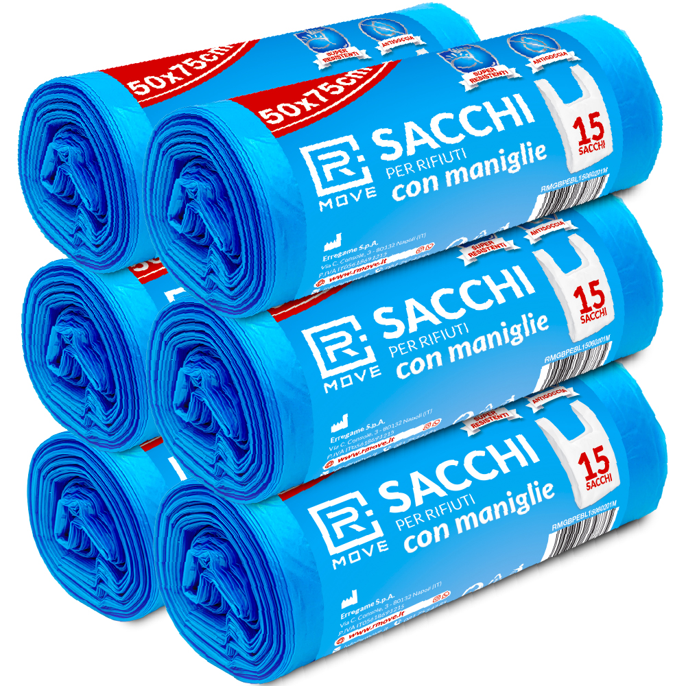 Sacchi Rifiuti con maniglie RMove - 50x75cm - Blu - 6 rotoli da 15 pz